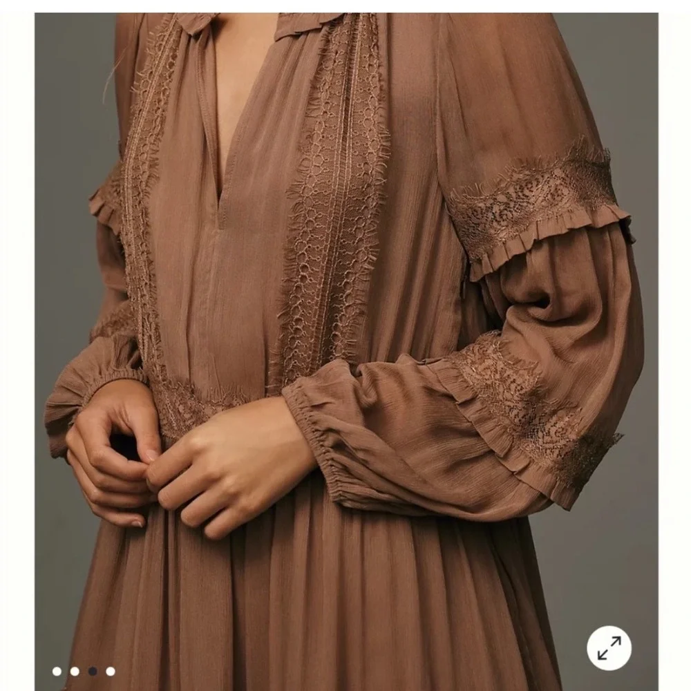 By Anthropologie Lace Pleated Mini Dress Long Sleeve Tiered Brown‎ Dress Sz XS
